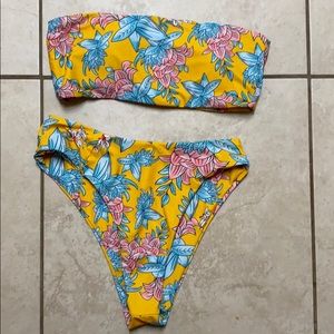 formal bandeau top with high waisted bottoms